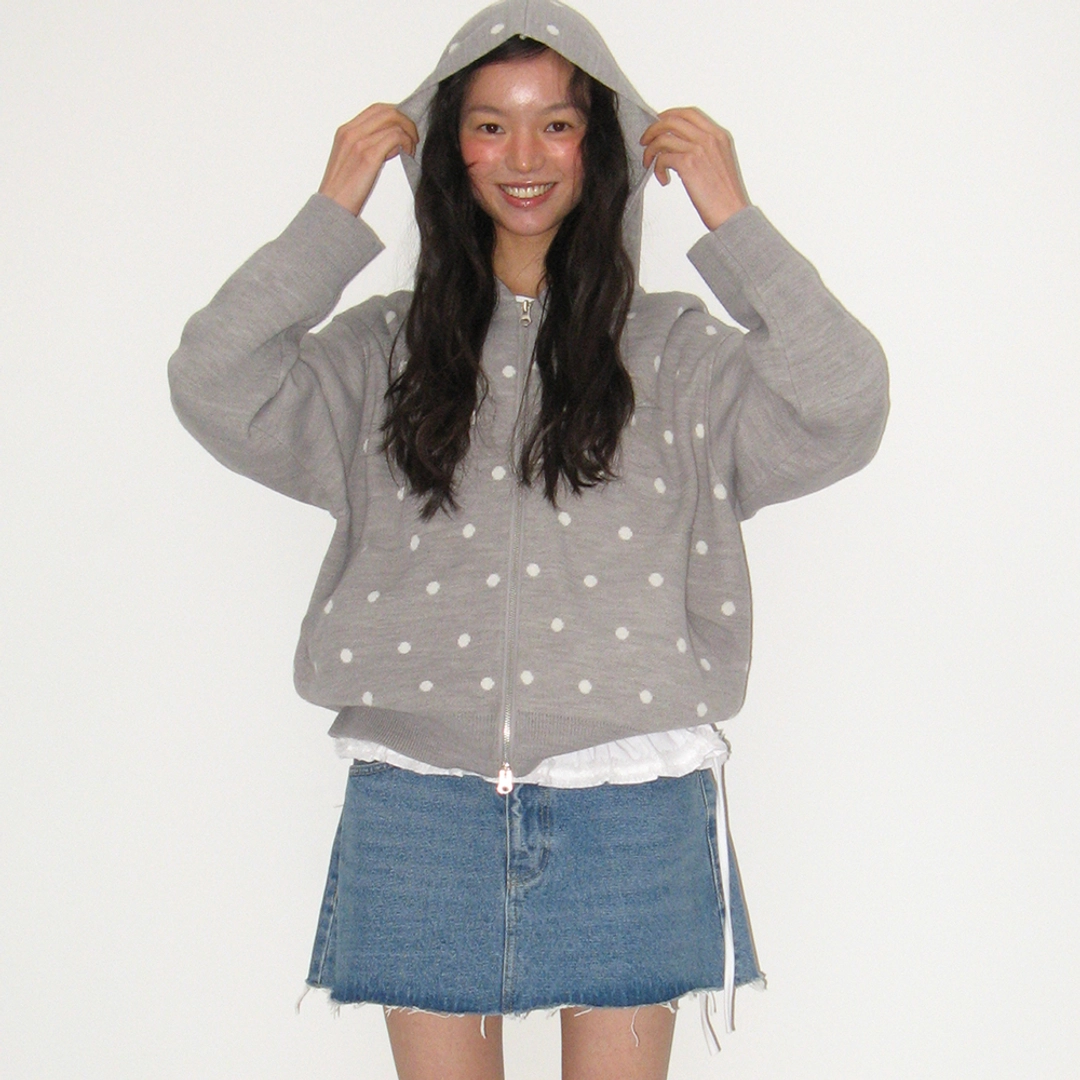 론론 DOT HOODED ZIP UP KNIT GREY WHITE DOT 상품 이미지 2