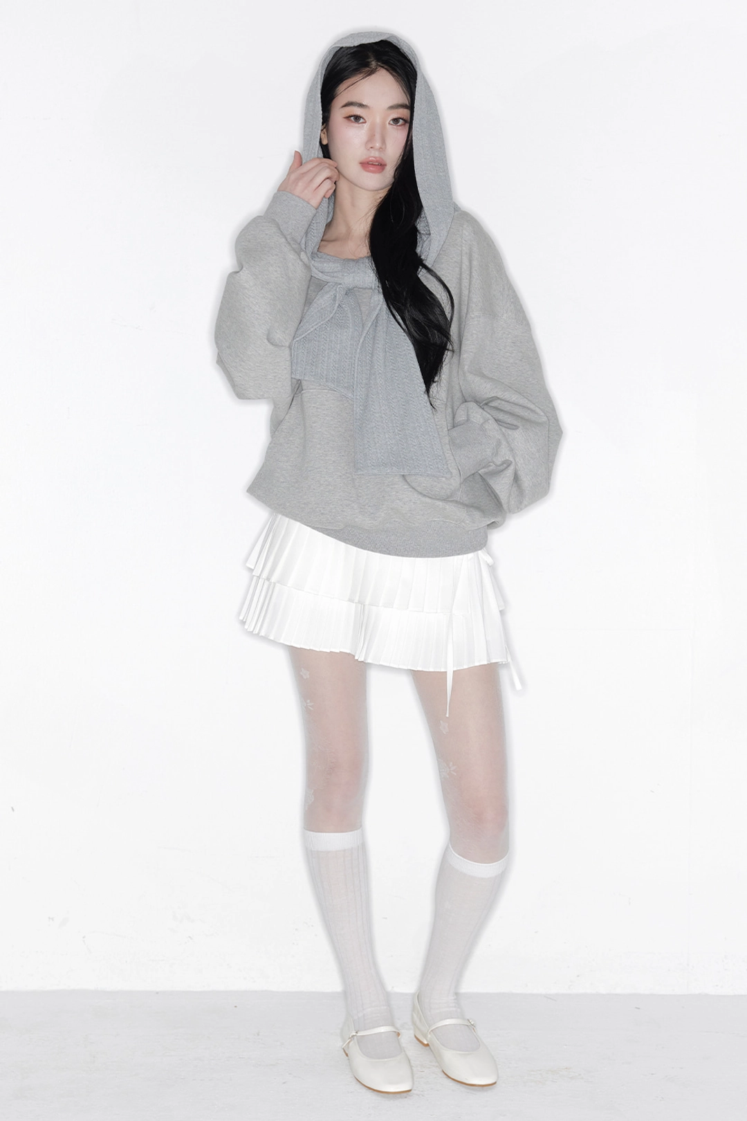 더티스 TWO-WAY RIBBON OFF SHOULDER HOODIE(SPRING VER.) (MELANGE GRAY) 상품 이미지 3