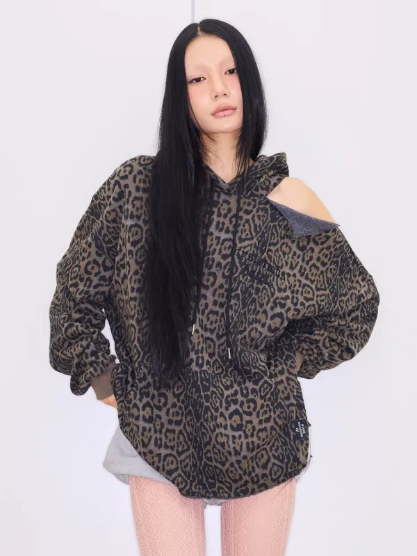 CUT-OUT SHDR HOODIE - LEOPARD