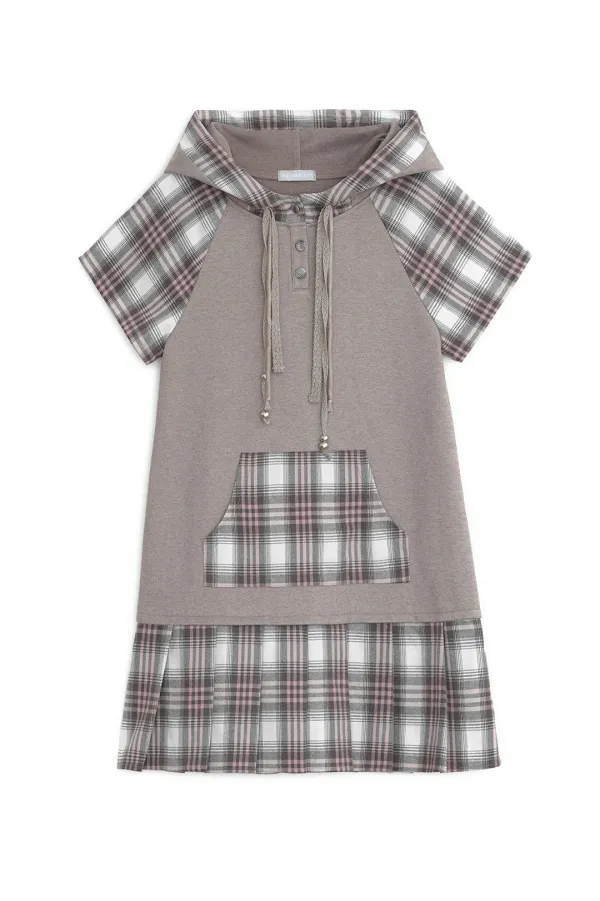Check pleats hooded dress (Pink)