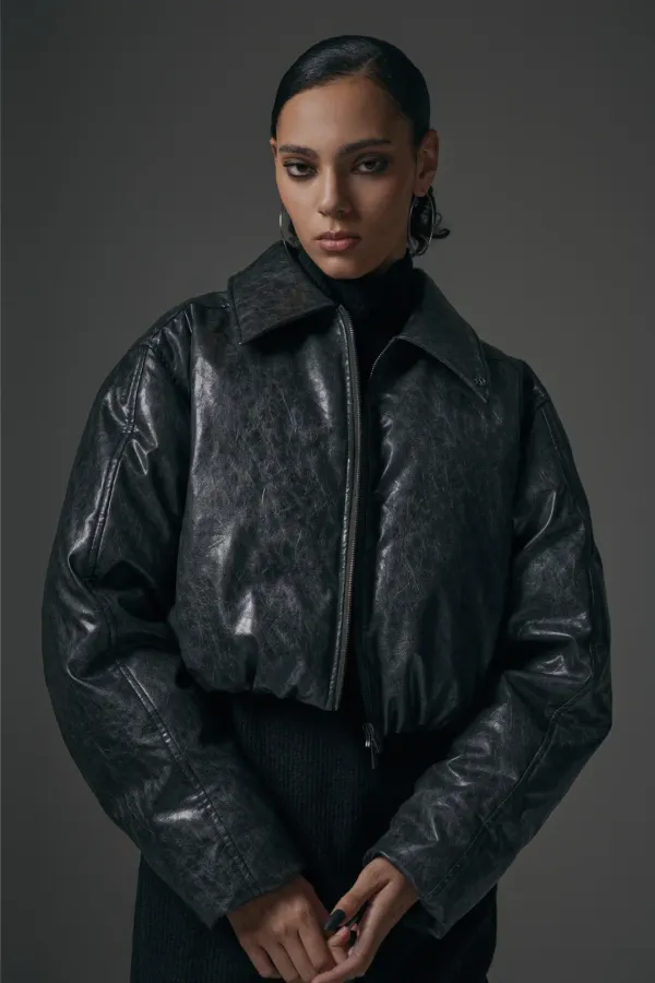 Glossy Leather Short Padding Jumper [ Charcoal ]