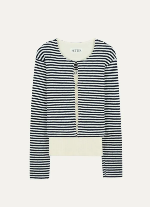 Stripe eyelet cardigan set_Navy