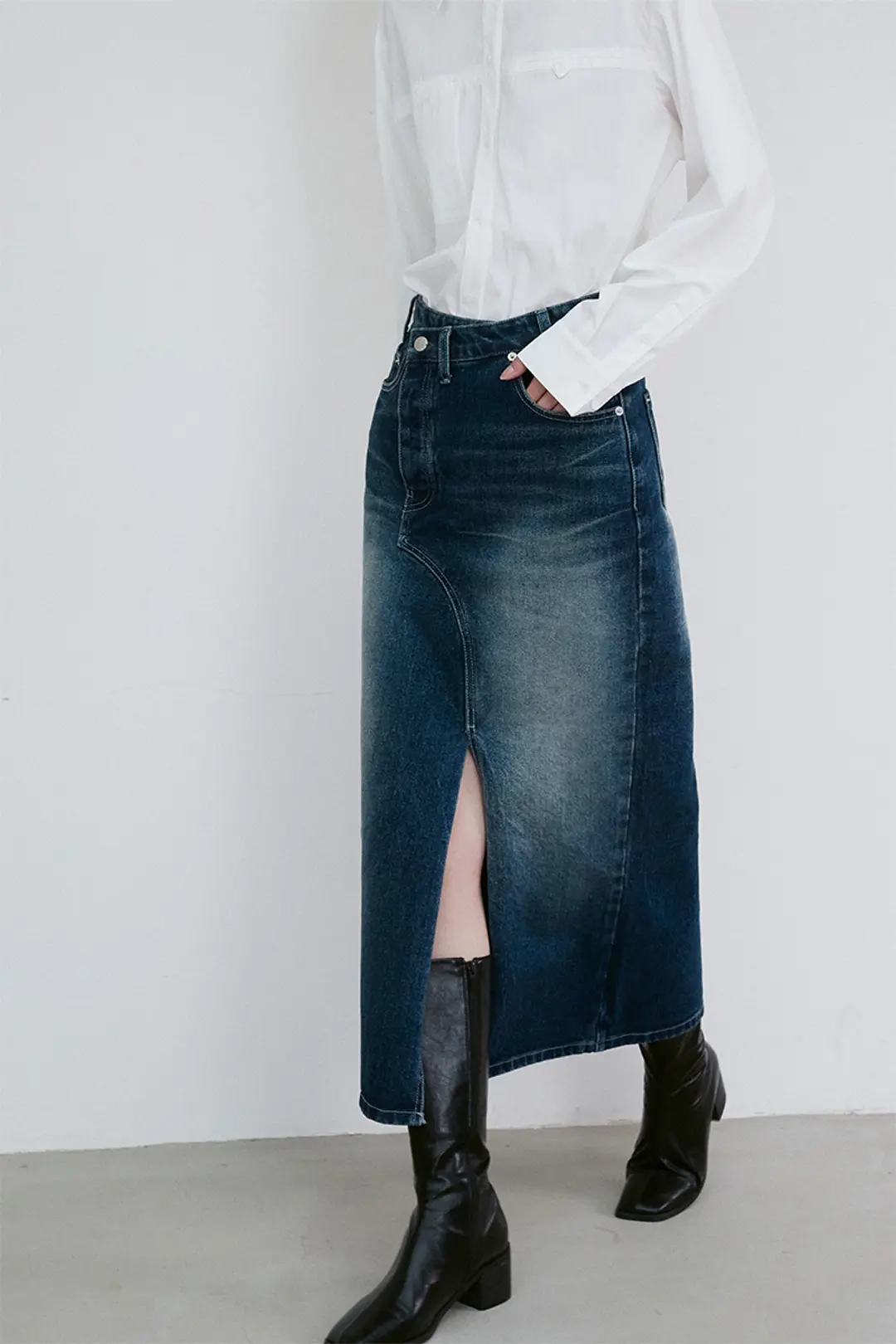리이 ASYMMETRIC DETAIL DENIM SKIRT 상품 이미지 1