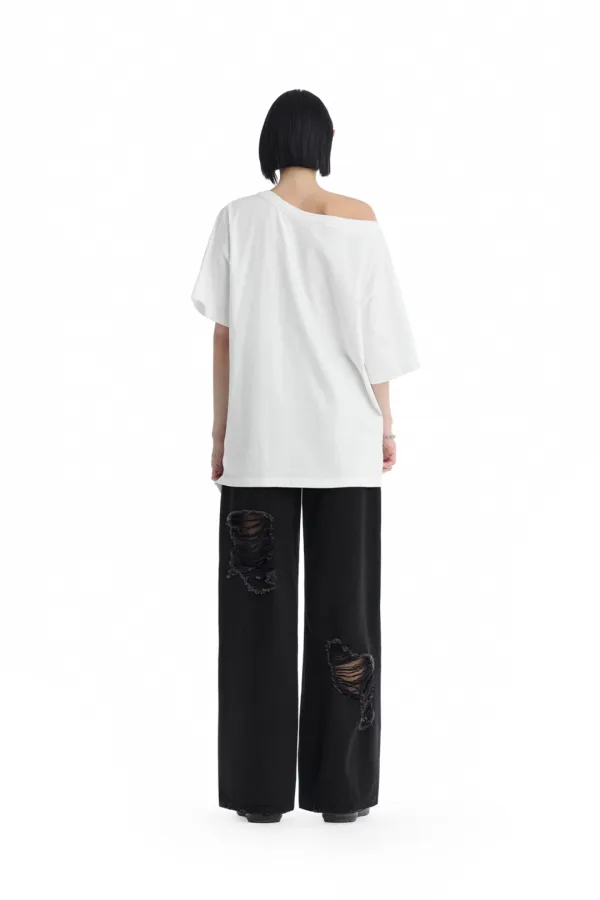 Off-Shoulder Raw Edge T-Shirt [ White ]