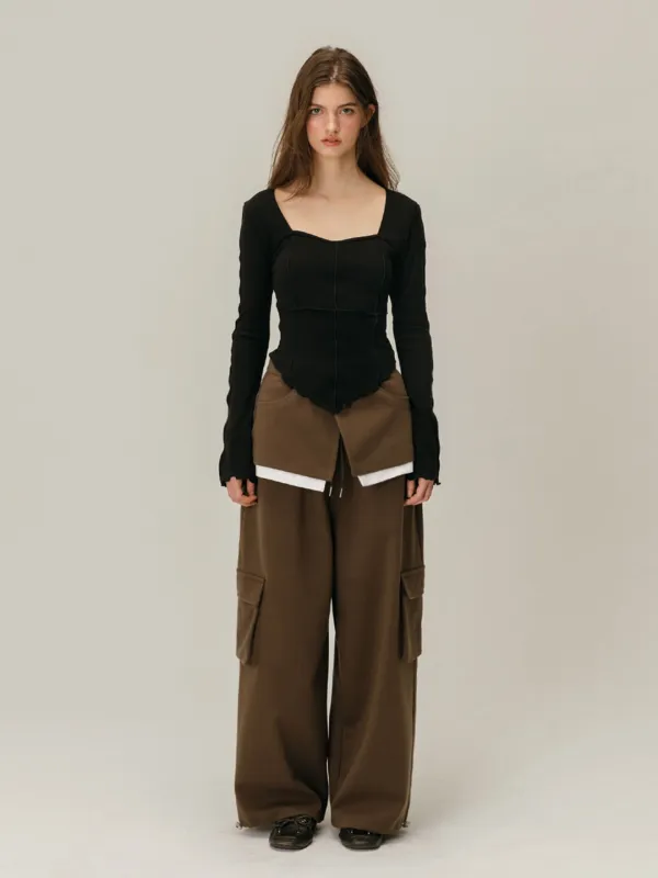 CARGO LAYERED SKIRT PANTS / BROWN