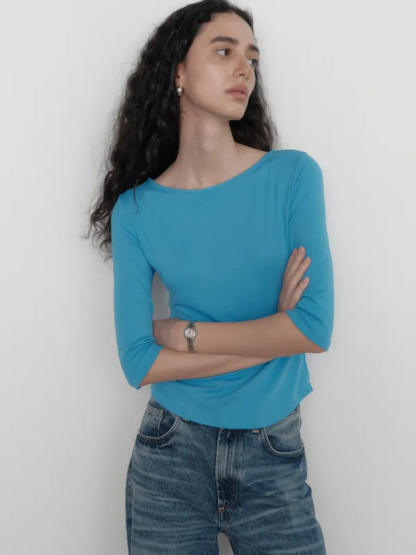 KAIA BOAT NECK 3/4 SLEEVE T-SHIRT_BLUE