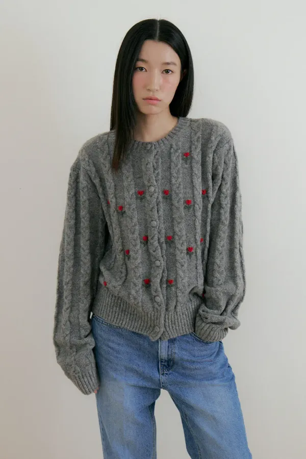 [카리나 착용] Flower Wool Knit Cadigan (charcoal)