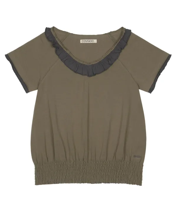 RUFFLE V-NECK SMOCKED T-SHIRT OLIVE