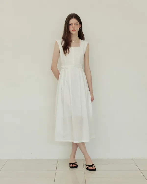 Classic pintuck line ribbon long dress - white