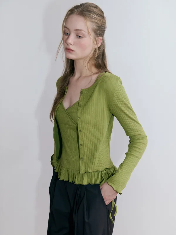 Frill Ribbed Cardigan Set, Olive