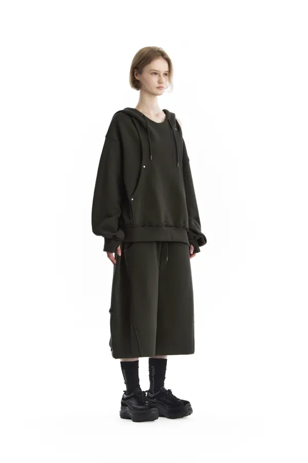 TMB One-Shoulder Raw Cut Set-Up Hoodie [ Khaki ]