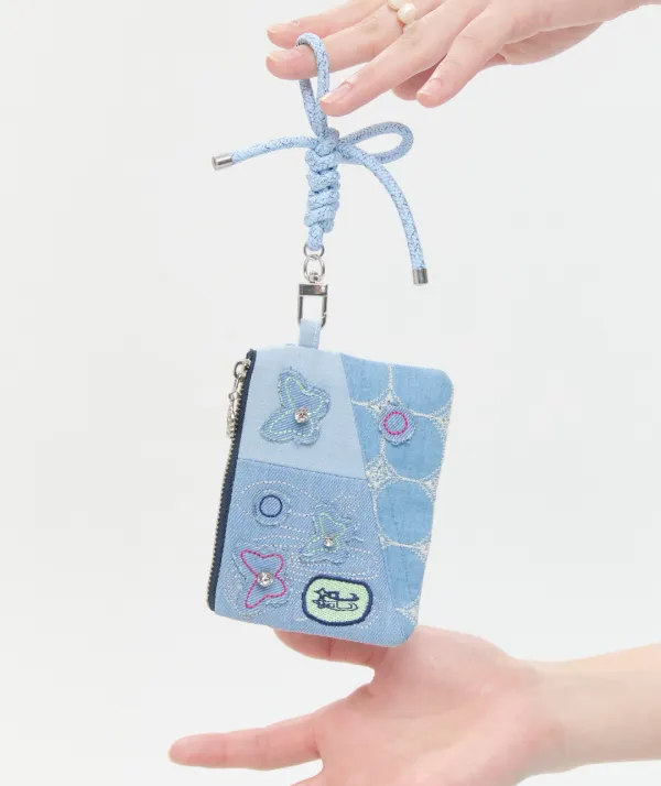 Embroidered Patch Denim Wallet [Blue]