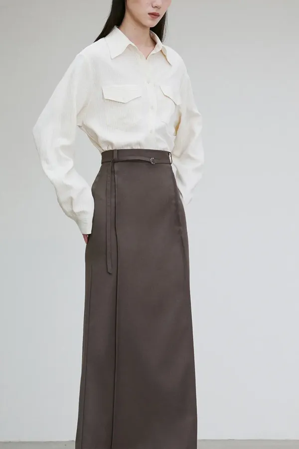 WOOL BLEND SEAMED MIDI SKIRT OLIVE BROWN