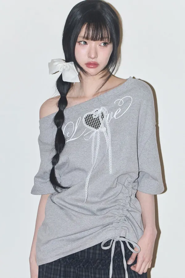 러브 원숄더 오버핏 티셔츠 멜란지