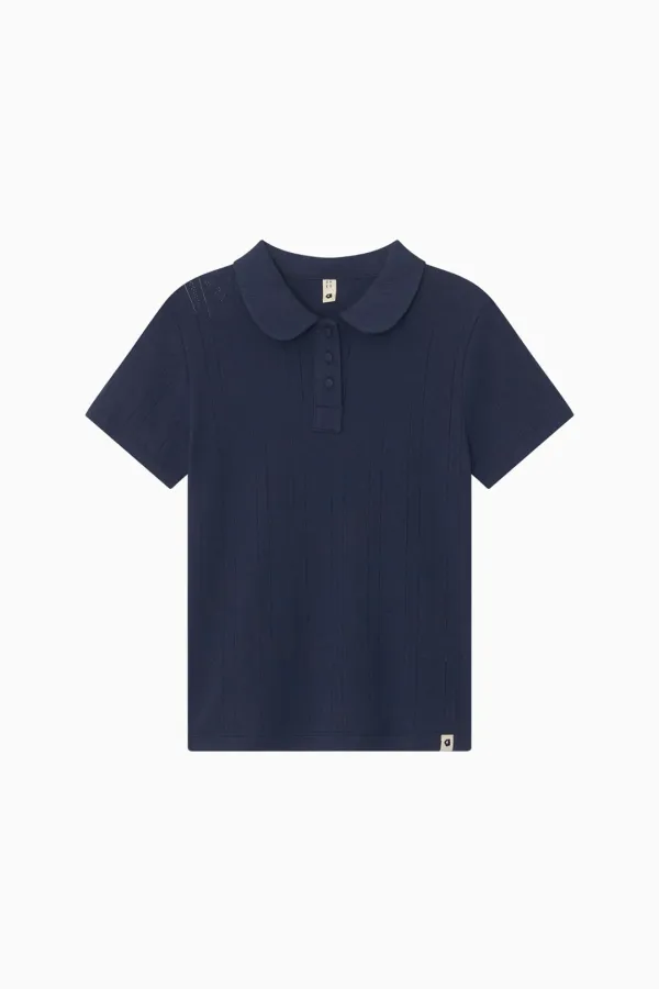 ROUND COLLAR JACQUARD PUNCHING TEE, NAVY
