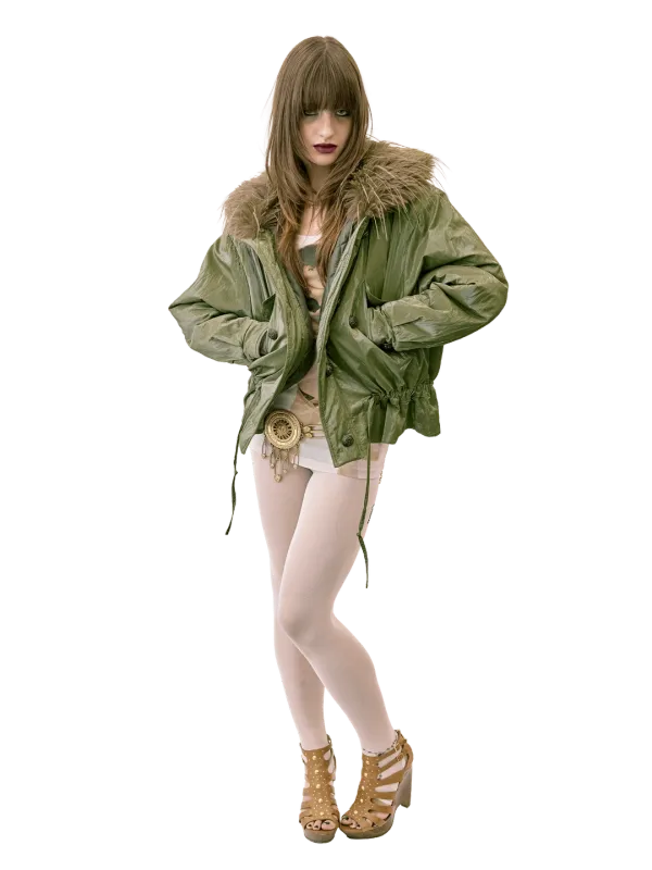 Glossy Fur Trim Jacket Khaki