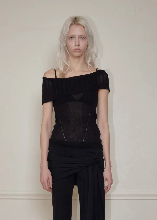 LINEN OFF-SHOULDER KNIT, BLACK