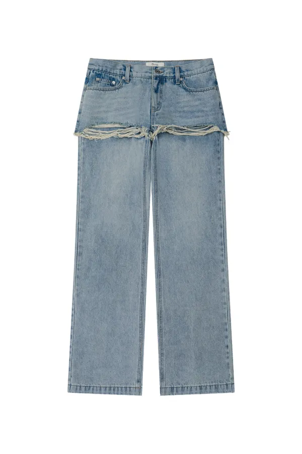 LAYERED SEMI BOOTSCUT DENIM PANTS IN LIGHT BLUE