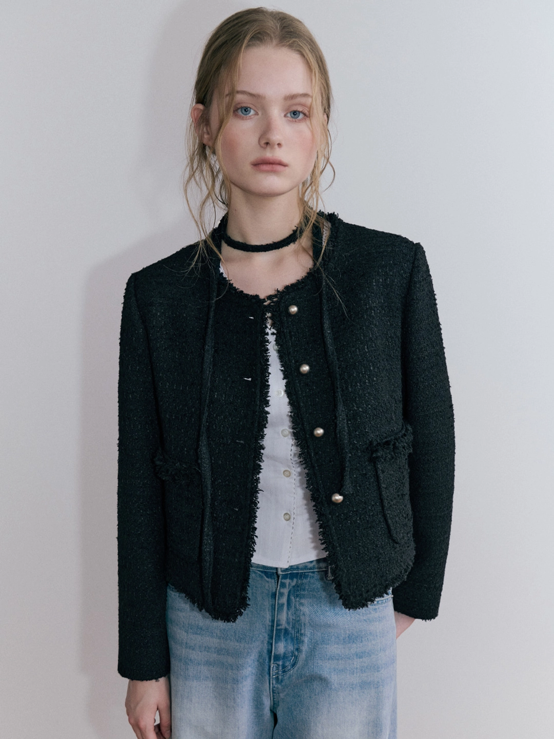 에트몽 Fringe Strap Tweed Jacket, Black 상품 이미지 1