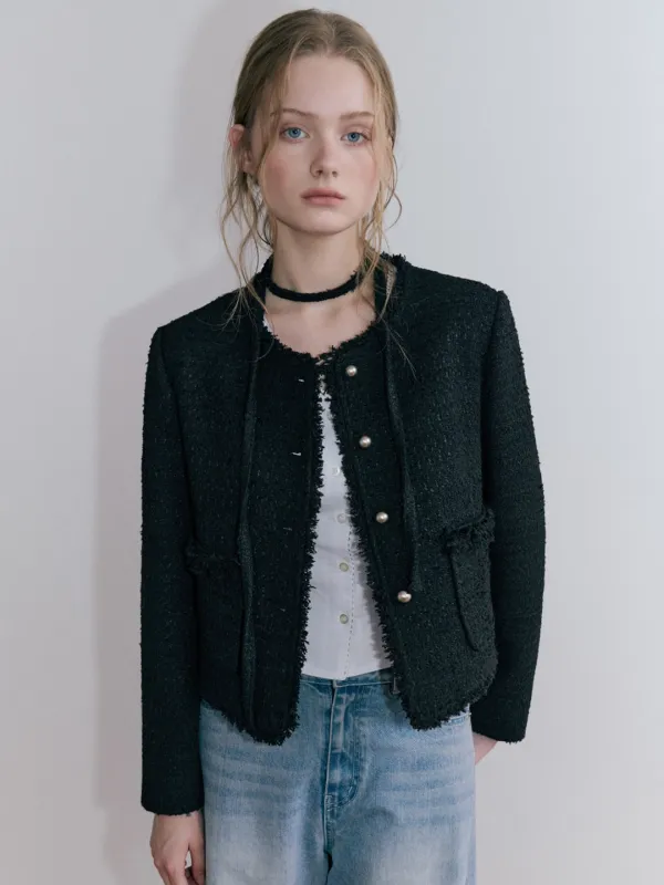 Fringe Strap Tweed Jacket, Black