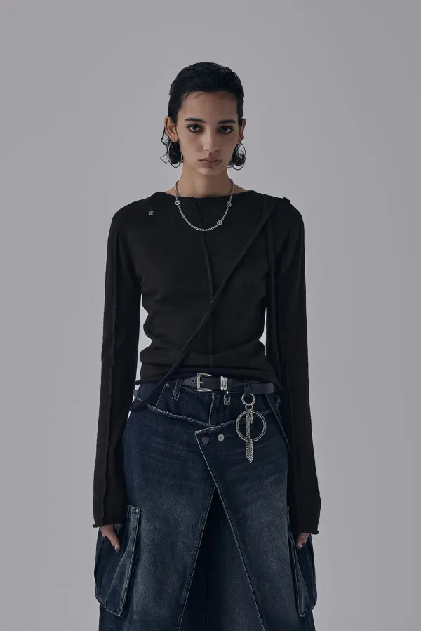Alpaca String Pin Tuck Knit [ Black ]