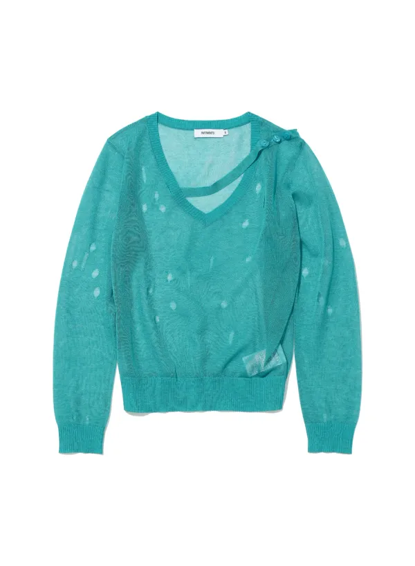 [WOMEN] SHEER DISTRESSED V-NECK KNIT TOP_EMERALD