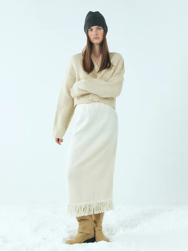 Fringe Knitted Skirt, Ivory