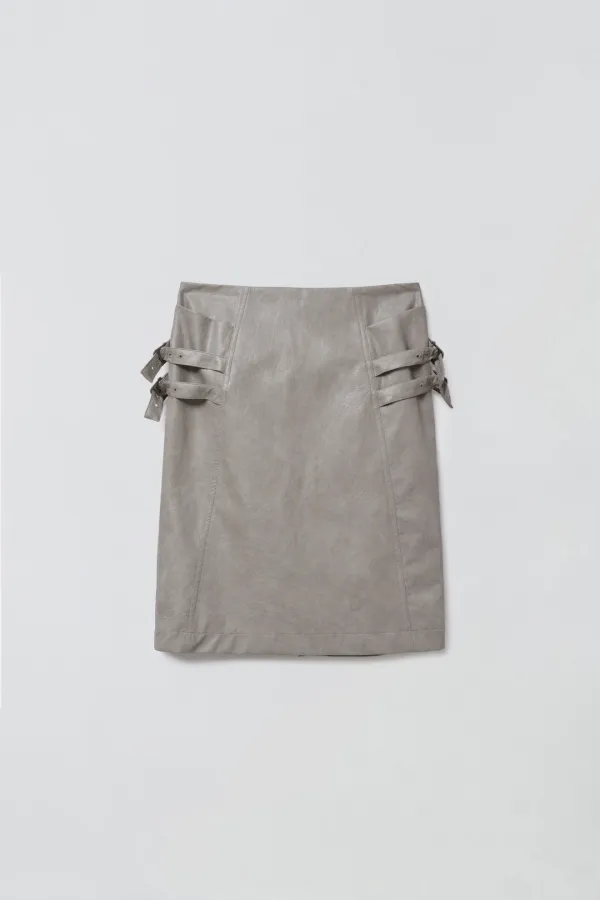 BUCKLE LEATHER SKIRT_GREY