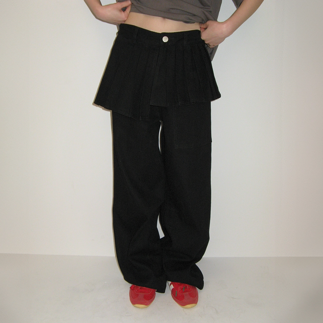 론론 OFF BALANCE PLEAT LAYERED PANTS BLACK 상품 이미지 1