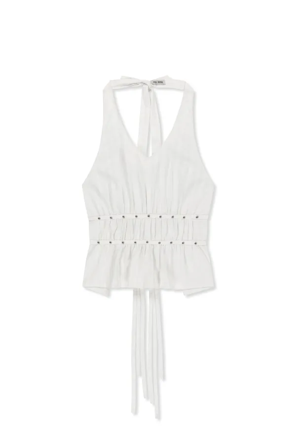 HALTER NECK SHIRRING BLOUSE IN WHITE