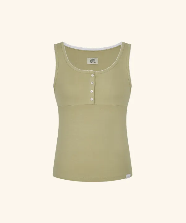 Letters Button Lace Sleeveless Top (Olive)
