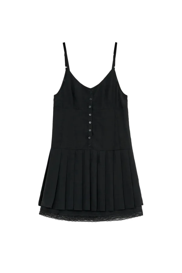 LACE PLEATS MIDI ONE-PIECE, BLACK