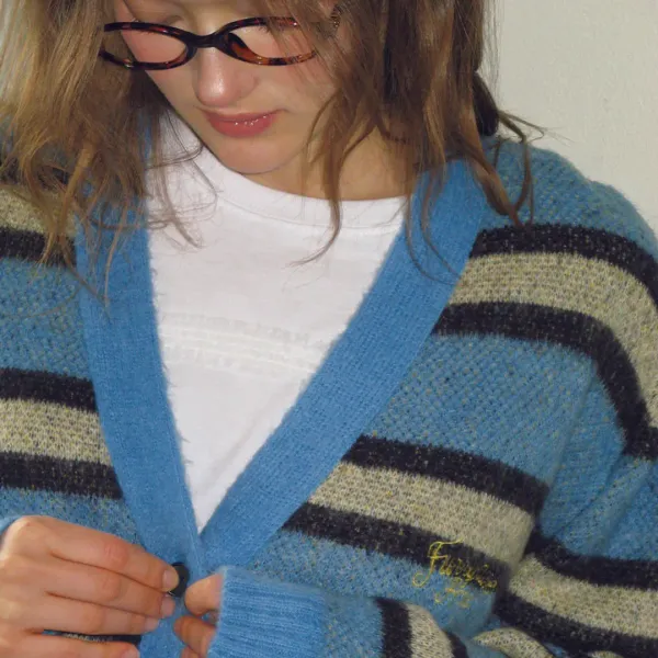 HAIRY STRIPE MOHAIR OVERSIZED KNIT CARDIGAN BLUE
