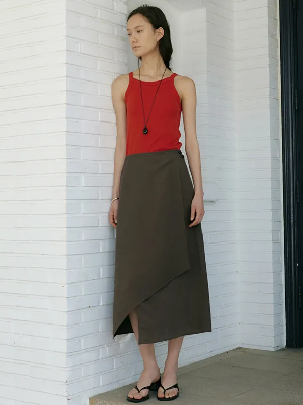 LINEN ASYMMETRY WRAP SKIRTS_BROWN