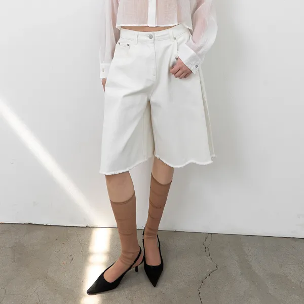 (PT-5790)TUCK BERMUDA WHITE DENIM PANTS
