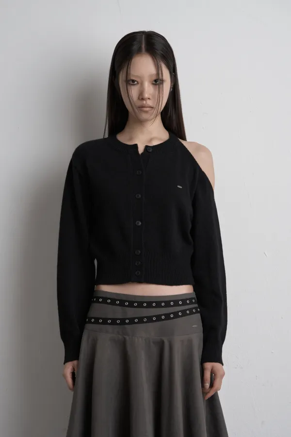 SHOULDER SLIT KNIT CARDIGAN BLACK