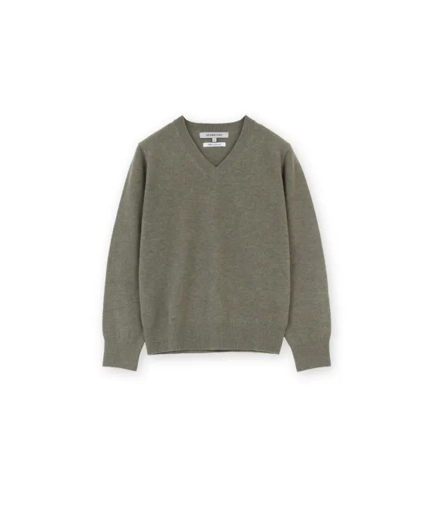 W Extra Super Fine V Neck Knit, Olive Grey