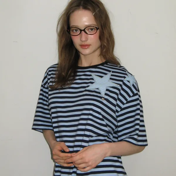STRIPE STAR APPLIQUE T SHIRT BLUE NAVY