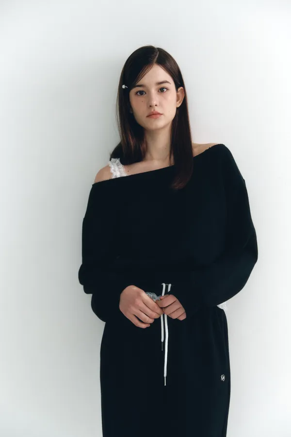 Lace Off Shoulder Sweatshirt Black