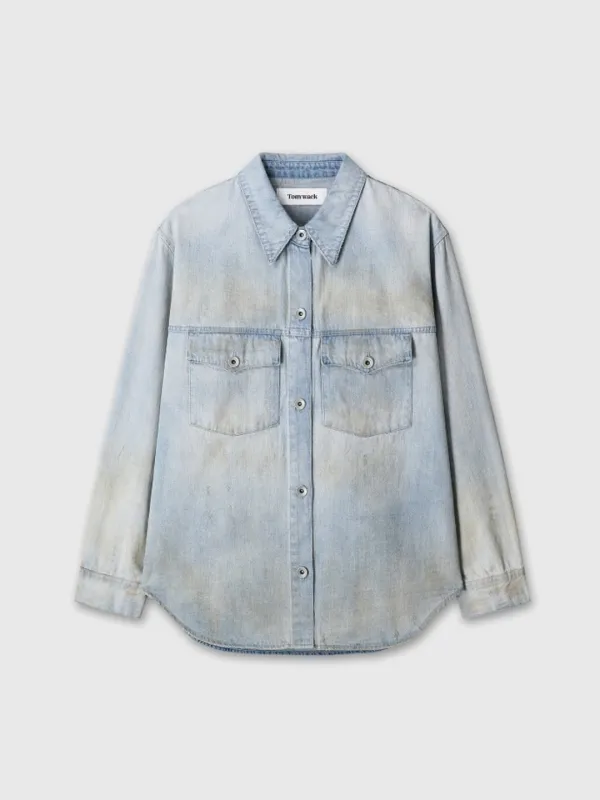 (W) HAND DISTRESSED VINTAGE RELAXED SHIRTS_ WASHED LIGHT BLUE