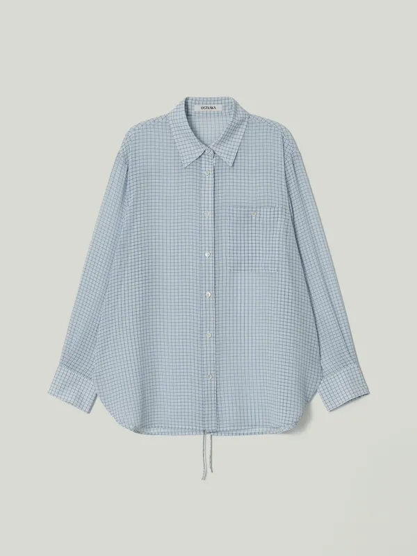 Summer Loose-fit Back Slit Check Shirt Blue