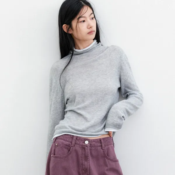 (T-7294)DOUBLE LAYERED COLOR POINT HIGH NECK KNIT