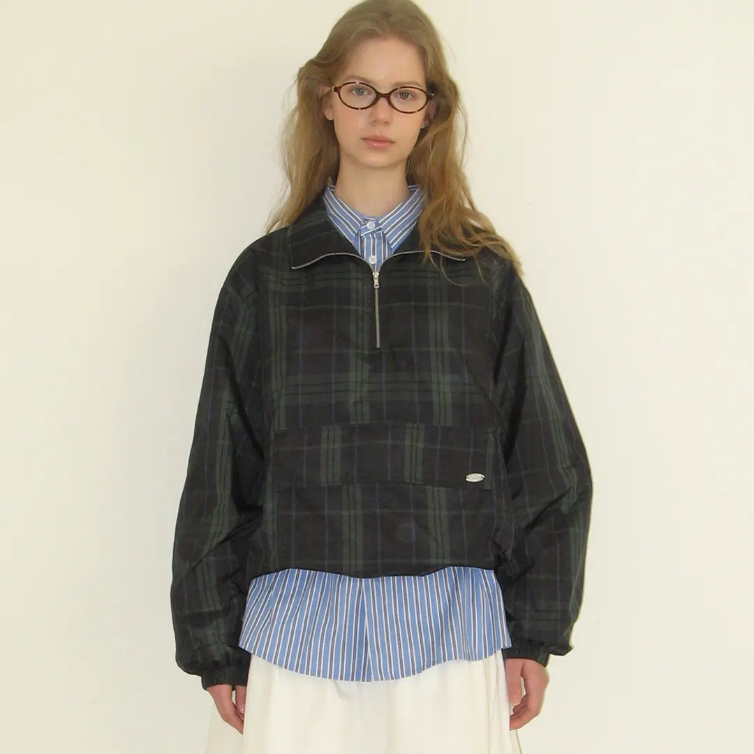론론 POCKET HALF ZIP UP ANORAK GREEN CHECK 상품 이미지 2