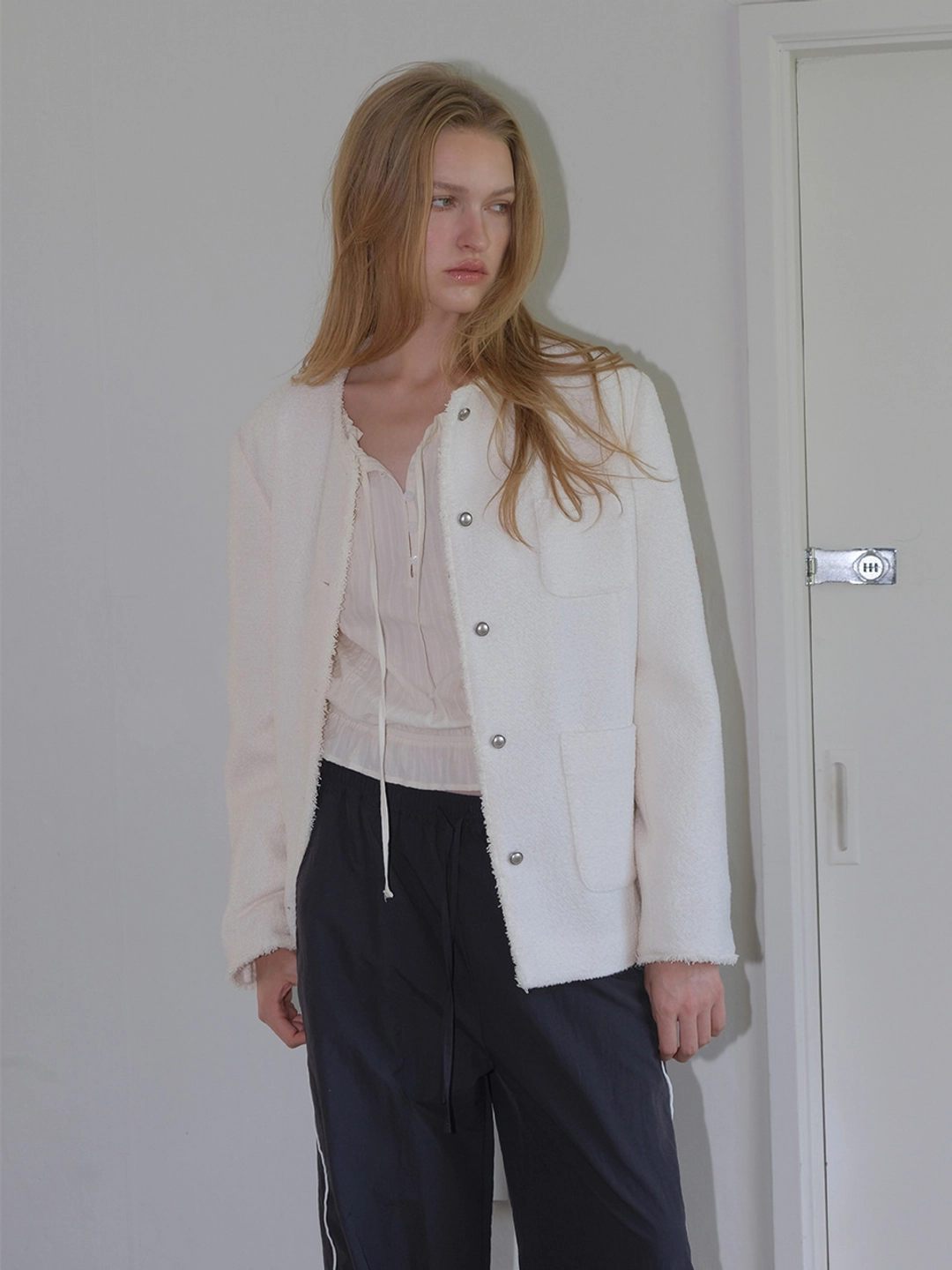 에트몽 Round Fringe Tweed Jacket, Ivory 상품 이미지 2
