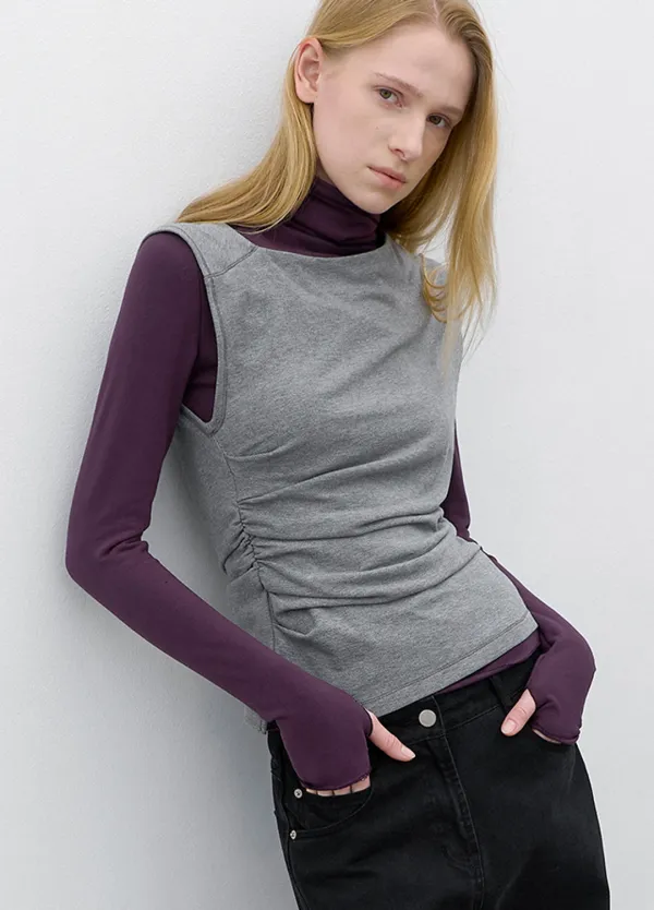 (T-7333)COLOR BLOCK LAYERED SHIRRING TEE