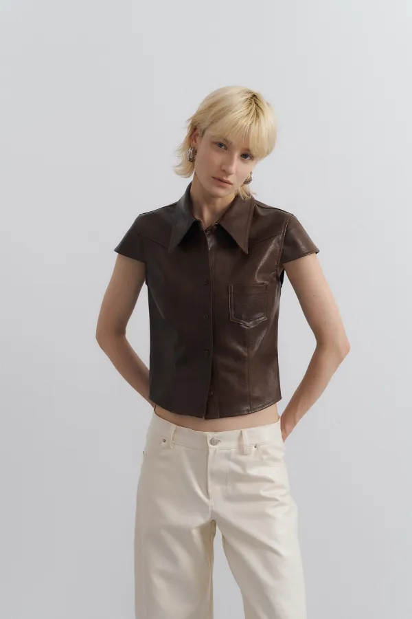 Leather Cap Sleeve Shirts_Oak Brown