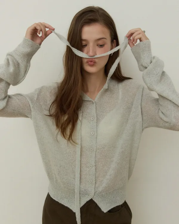 Fluffy yarn ribbon neck loose fit cardigan - melange grey