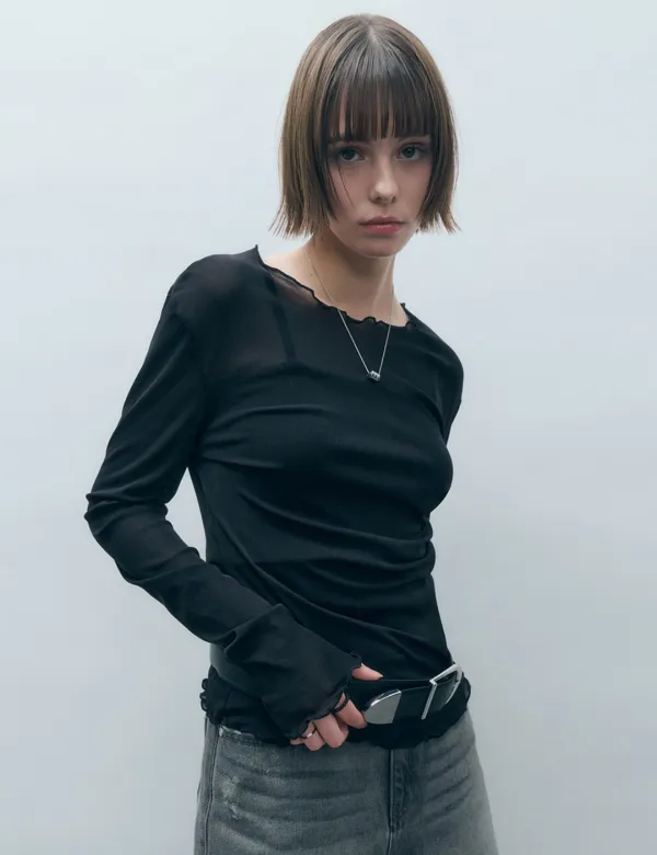 사이드 셔링 메쉬 롱슬리브 블랙 MDTS061BLACK