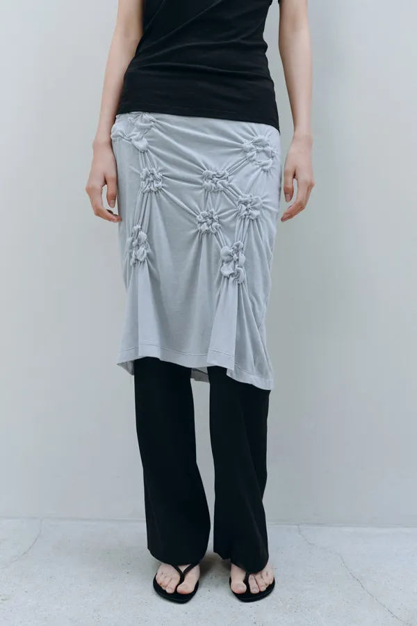 FLORAL SHIRRED MIDI SKIRT, BLUE GRAY