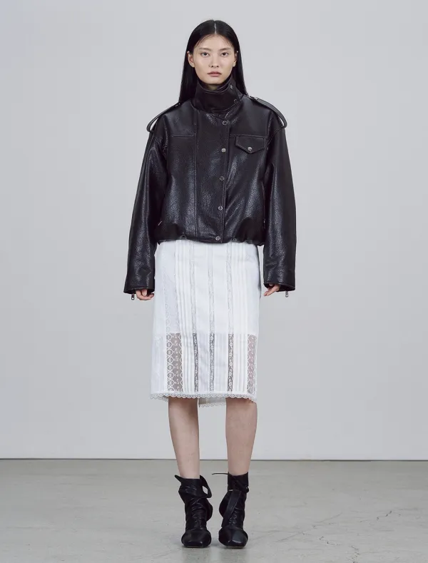 HIGH NECK FAUX LEATHER JACKET [BROWN]